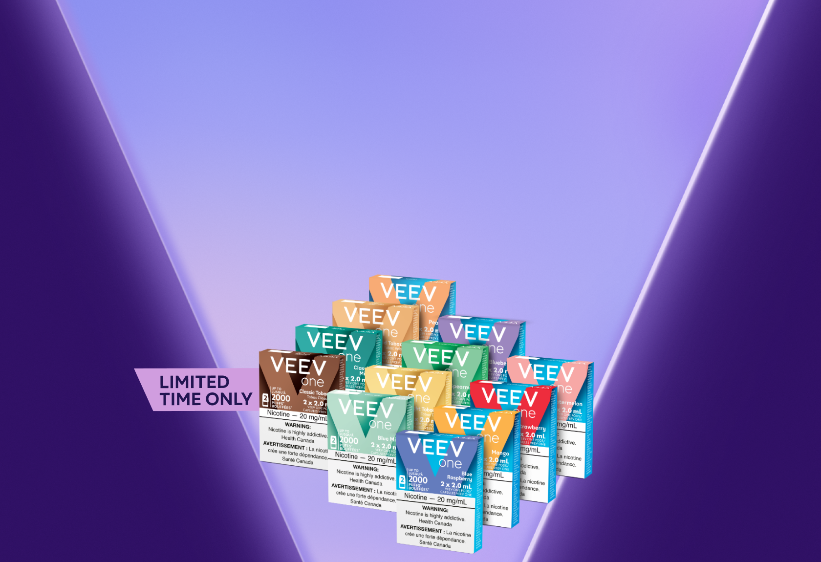 12 packs of VEEV ONE pods on a purple v background